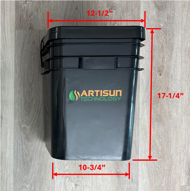 Image of 8 gallon bucket with dimensions