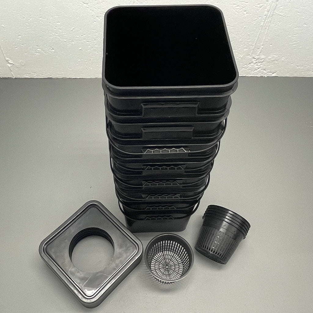 5-gallon black buckets with net pots and lids are perfect for hydroponic gardening.